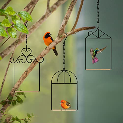 3PK Metal Frame Hummingbird Swings and Perches with Wooden Dowel Black Bird Swing Outdoor Bird Perch Humming Bird Swing