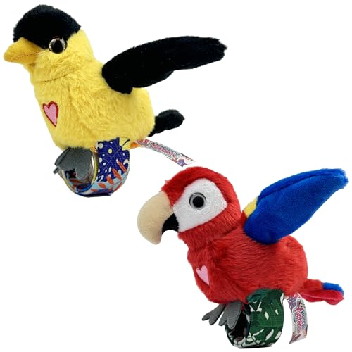 Birds 2 Pack - Oriole & Red Parrot - Slap Bracelet Interactive Plush Toy Birds, They Chat-Sing-Mimic Each Other, Flap Wings, Kids 3+