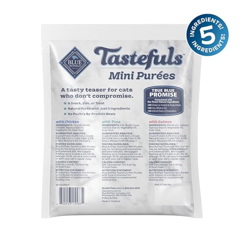 Blue Buffalo Tastefuls Mini Purées Natural Cat Treats, Chicken, Tuna, Salmon Variety Pack, 0.5 oz. Single Servings, 24-Count