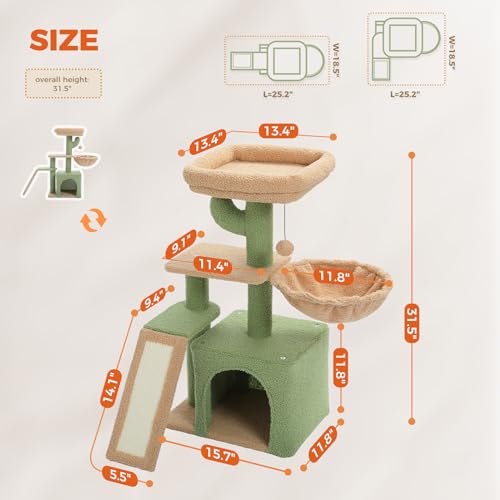 PETEPELA Cactus Cat Tree for Indoor Cats, 32'' Small Cat Tower Cat Condo with Sisal Scratching Ramp, Cozy Hammock and Removable Top Bed Perch for