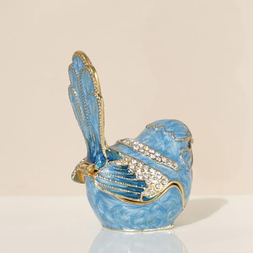 Exquisite Hand - Painted Enamel Blue Bird Trinket Box Hinged Rhinestone - Adorned Mini Jewelry Organizer for Rings & Necklaces, Ideal Classical Home