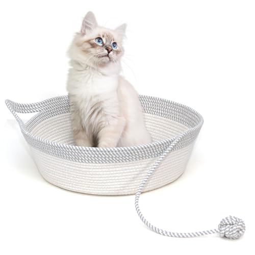 Cotton Rope Woven Cat Bed Basket, Hand Woven with Toy Tail, Small Dogs & Puppies Sleeping Bed, Indoor Cat & Rabbit Basket (Large, Gray & White)