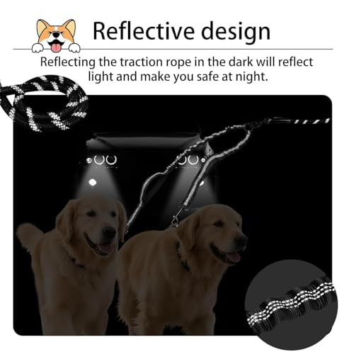 Durable Double Dog Leash Two Dog Leash No Tangle with Padded Handles & Reflective Strips for Medium Large Dogs, Comfortable Shock Absorbing Bungee