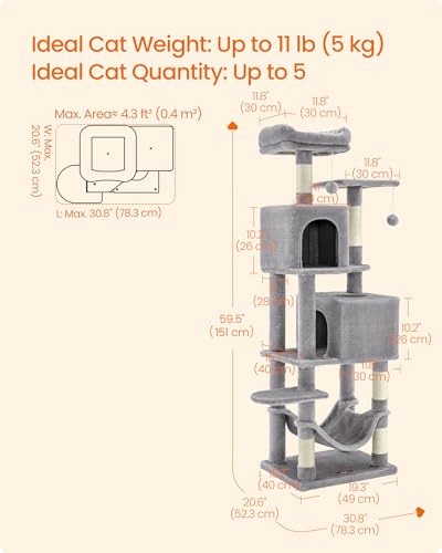 Feandrea Cat Tree, 59.5-Inch Tall Cat Tower, Plush Multi-Level Condo with 5 Scratching Posts, 2 Perches, 2 Caves, Hammock, 2 Pompoms, Light Gray