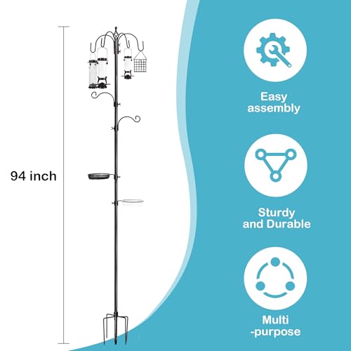 6-Hook Bird Feeding Station Kit, Wild Bird Feeder Stand Pole, Multi-Feeder Kit Stand with 4 Feeders, Bird Bath and Mesh Tray, 94 Inch