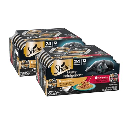 Sheba Gravy Indulgence Adult Wet Cat Food Beef and Chicken Entree in Extra Gravy Variety Pack, 2.6 oz. Twin-Pack Trays (12 Count, 24 Servings) (Pack