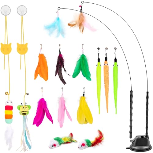 Depets Cat Wand Toy, 15 Pcs Interactive Cat Feather Toys for Indoor Self Play & Exercise, 2 Play Modes Kitten Teaser Wand, Reusable Suction Cup