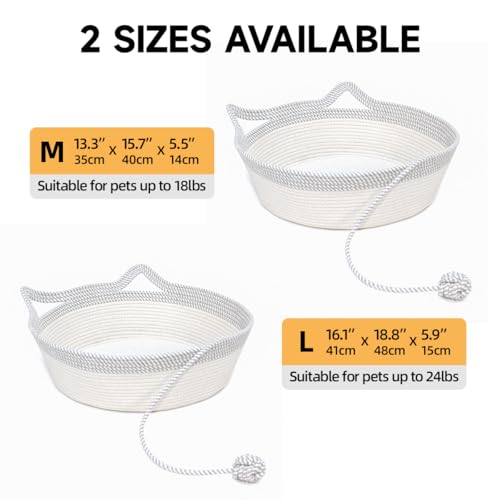 Cotton Rope Woven Cat Bed Basket, Hand Woven with Toy Tail, Small Dogs & Puppies Sleeping Bed, Indoor Cat & Rabbit Basket (Large, Gray & White)