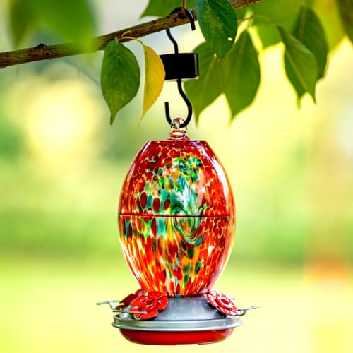 Muse Garden Glass Humming Bird Feeders for Outdoors - 27OZ Blown Glass Hummingbird Feeder - Unique Gift Mom Women Grandparents, Outdoors Hanging