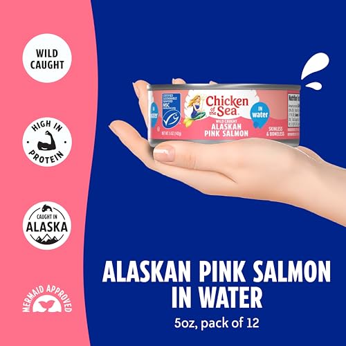 Chicken of the Sea Alaskan Pink Canned Salmon in Water, 5 Ounce Cans, 12-Count – High Protein Skinless & Boneless Wild Caught Salmon – Delicious Wild