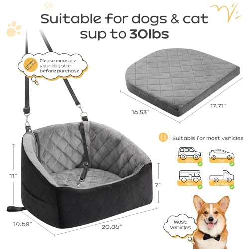 Dog Car Seat for Small Dogs Up to 30 Lbs, Pet Travel Safety Bed for Puppy Cat, Fits in Front/Back Seat, Anti Slip Base, Fully Detachable Washable
