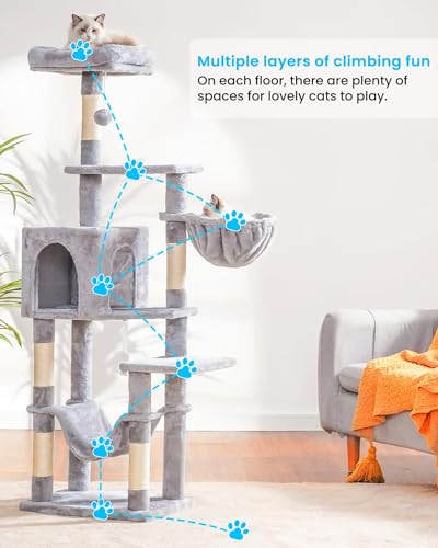Hey-brother Cat Tree with Large Hammock, Multi-Level Cat Tower for Indoor Cats, Cat Condo with Sisal-Covered Scratching Posts and Top Perch, Light