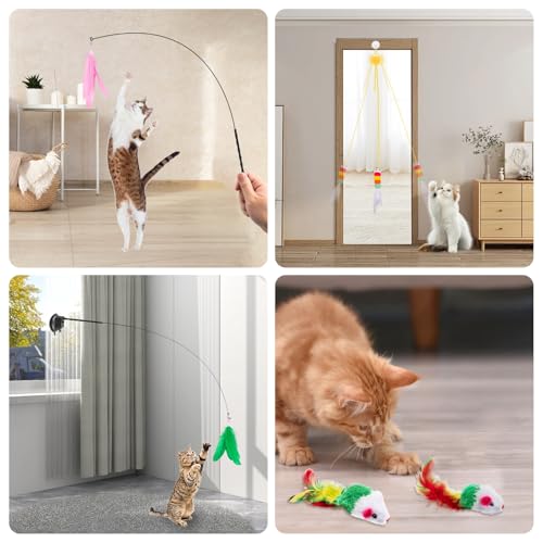 Depets Cat Wand Toy, 15 Pcs Interactive Cat Feather Toys for Indoor Self Play & Exercise, 2 Play Modes Kitten Teaser Wand, Reusable Suction Cup