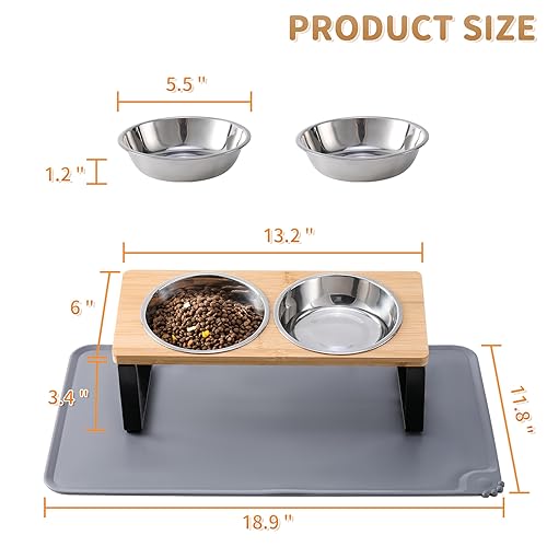 Upgraded Elevated Cat Bowls with Food Mat,15°Tilted Stand Anti Vomiting Raised Cat Dishes for Food and Water,2 Stainless Steel Bowls for Cats and