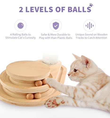 Made4Pets Cat Scratching Post Cat Scratcher Kitten Toys for Indoor Cats Wooden Ball Track Two-Layer Modern Sisal 17.7" Tall Scratch Post Interactive