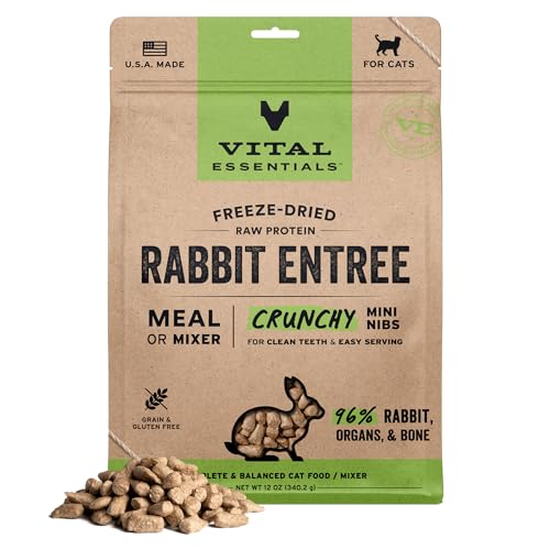 Vital Essentials Freeze Dried Cat Food, Raw Rabbit Crunchy Mini Nibs | Complete Meal or Topper | 96% Rabbit, Organs & Bone | Limited Ingredient, High