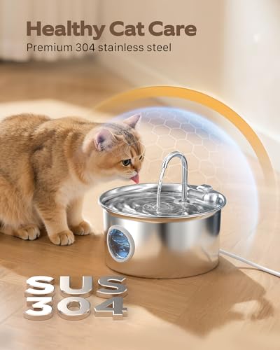 Cat Water Fountain Stainless Steel: Cat Fountain for Drinking - 88oz/2.6L Pet Water Fountain for Cats Indoor - Quiet Cats Water Bowl Dispenser - Pets