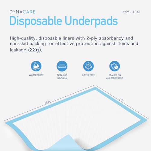 Dynarex Disposable UnderPad, 17" x 24", 22g, 100 Count, Medical-Grade Incontinence Bed Pad to Protect Sheet, Mattresses, and Furniture