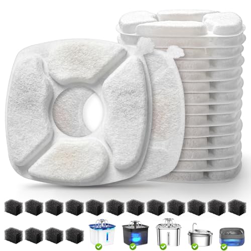 32 Pcs Cat Water Fountain Replacement Filters-16 Pack Cat Fountain Filters with 16 Pack Sponges, Enhanced Compatibility Pet Fountain Filter Fit for