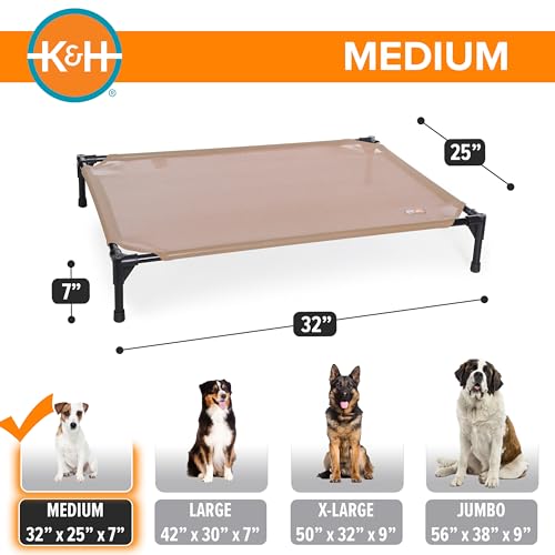 K&H Outdoor Elevated Dog Bed - Cooling Raised Dog Bed for Small & Medium Pets, Breathable Mesh Hammock Design, Indoor/Outdoor Washable Cover, Portable Metal Frame, Tan, Medium 32x25in
