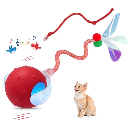 Interactive Cat Ball Toy, Chirping Motion Activated Electric Rechargeable Cat Toy with 2 Replaceable Tails, Self Play Hunting Rolling Indoor Cat Toys