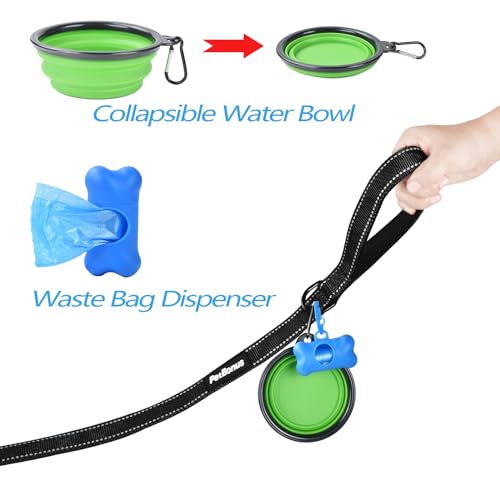 PetBonus Double Dog Leash, No Tangle Dual Leash, Reflective Walking Training Lead, 4 Comfortable Padded Handles for 2 Dogs with Collapsible Bowl and