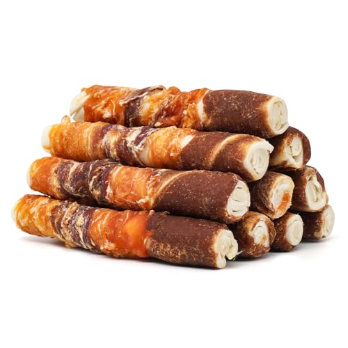 MON2SUN Dog Treats, Triple Flavor 6 Inch Chicken Liver Duck and Chicken Wrapped Rawhide Sticks, Teeth Cleaning Snacks for Medium Dogs, 17.6 oz (10