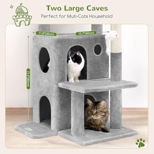 Globlazer Cat Tree Tower for Indoor Cats, 50-inch Adult Cat Tree House for Large Adult Cats with Steps, Scratching Post, 2 Cat Caves, Dangling Toys