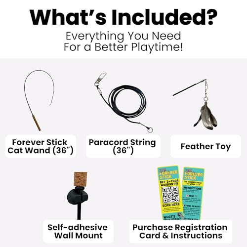 Forever Stick - The Unbreakable Cat Wand Toy, Durable Cat Toy Wand, Extra Long Cat String Toy, Cat Fishing Pole Toy for Bored Indoor Adult Cats, Cat