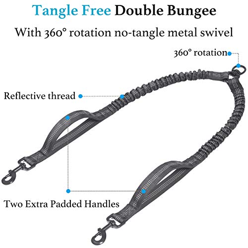 Double Dog Leash with Two Extra Traffic Handles, 360 Swivel No Tangle Dual Dog Walking Leash, Comfortable Shock Absorbing Reflective Bungee for Two