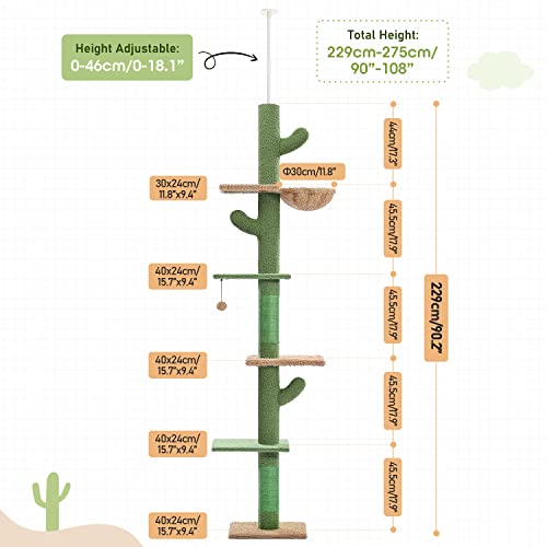 PAWZ Road Cat Tree, Cactus Floor to Ceiling Cat Tower with Adjustable Height(95-108 Inches), 5 Level Cat Climbing Tower with Cozy Hammock, Platforms