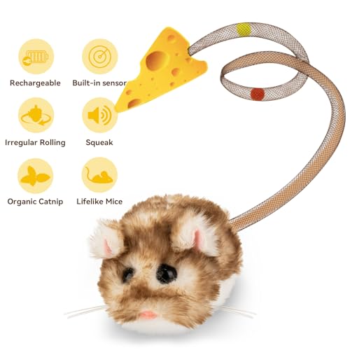 Migipaws Interactive MigiMouse Cat Toy 360° Rolling & Spin with Mesh Plastic Tail for Indoor Cats Smart Motion Sensor, Realistic Squeak, Rechargeable