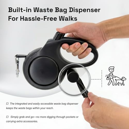 26ft Retractable Dog Leash for Large Dogs up to 110 lbs, with Waste Bag Dispenser, 8m Durable Strong Nylon Tape, 360° Tangle-Free, One-Handed