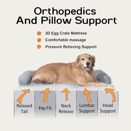 MEKIY Orthopedic Washable Dog Bed with Bolster for Medium to Large Dogs | Pillow Support for Neck Relief, Egg Crate Foam, Waterproof Liner, Anti-Slip