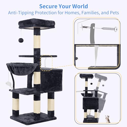 Heybly Cat Tree with Toy, Cat Tower Condo for Indoor Cats, Cat House with Padded Plush Perch, Cozy Hammock and Sisal Scratching Posts, Smoky Gray