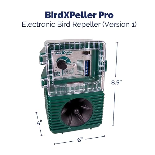 Bird-X BirdXPeller Pro Electronic Bird Preventer Version 1, Sonic Bird Decoy Device, Perfect for Pigeons, Starlings, Sparrows, and Gulls, Covers up