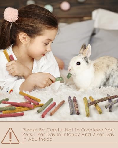Bissap 72 PCS Rabbit Chew Sticks, Natural Timothy Hay Pumpkin Sugar Beet Carrot Strawberry Rose Dahlberg Daisy Forget-me-not Flower Treat for Bunny