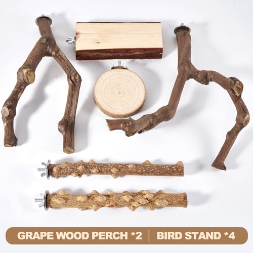6-Piece Bird Perch Set - Natural Wood Grape Sticks, Paw Grinding Forks, Bird Stand & Toys for Parakeets, Cockatiels, Conure, Budgies