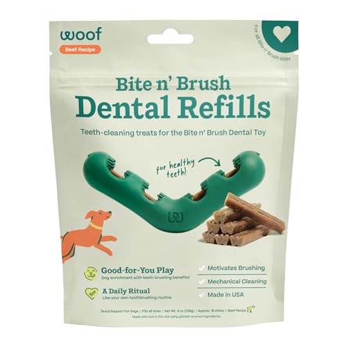 WOOF - Bite n' Brush Refills Treats for the Dog Toothbrush Toy - Scrub Plaque and Tartar from Your Dog's Teeth and Mouth - Dog Dental Sticks