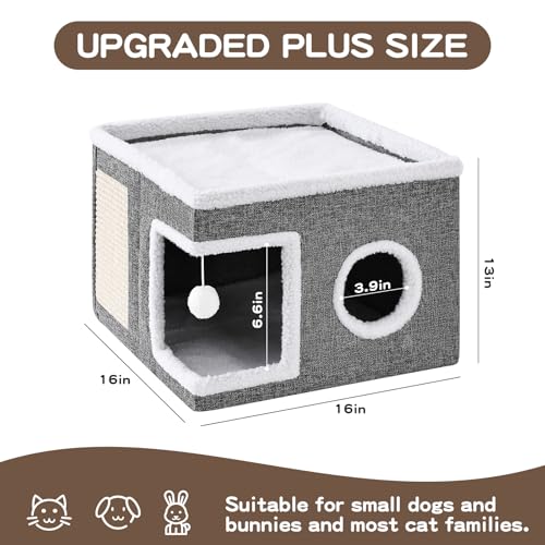 Cat Beds for Indoor Cats, Large Cat Cave with Fluffy Ball and Scratch Pad, Foldable Cat Scratch House with Hideaway Condo for Kitten,16x16x13inch,Grey