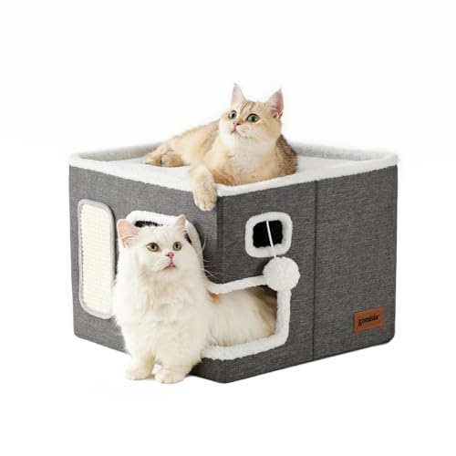ZOMISIA Cat Beds for Indoor Cats - Large Cat House for Pet with Fluffy Ball Hanging and Scratch Pad, Foldable Cat Hideaway,16.5x16.5x13 inches, Grey