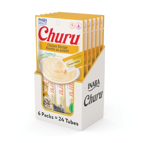 INABA Churu Cat Treats, Lickable, Squeezable Creamy Purée Cat Treat with Green Tea Extract & Taurine, 0.5 Ounces Each Tube, 24 Tubes (4 per Pack)