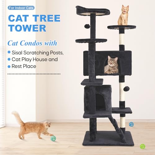 FDW | 54" Cat Tree Tower | Dark Gray | Multi-Level Indoor Activity Center with Sisal Scratching Posts, Condos, Plush Perches, Hanging Cat Toys