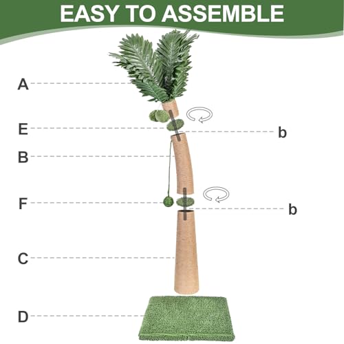 40'' Tall Cat Scratching Post Cat Tree, Curved Design Cat Scratcher Post with 3 Interactive Balls, Natural Sisal Rope Cat Scratching Posts for Indoor