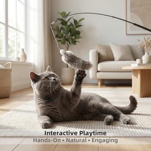 2 Pack Natural Rabbit Fur Cat Toy Refills – Silent Interactive Cat Toys for Indoor Cats, Handmade Replacement Heads with Secure Connector for Cat