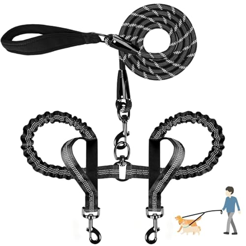 Durable Double Dog Leash Two Dog Leash No Tangle with Padded Handles & Reflective Strips for Medium Large Dogs, Comfortable Shock Absorbing Bungee