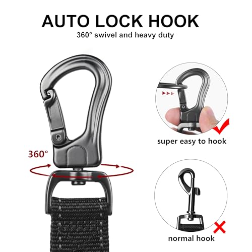 TwoEar 6FT 1IN Strong Black Dog Leash with 2 Padded Handles, Traffic Handle Extra Control, Comfortable Soft Dual Handle, Auto Lock Hook, Reflective