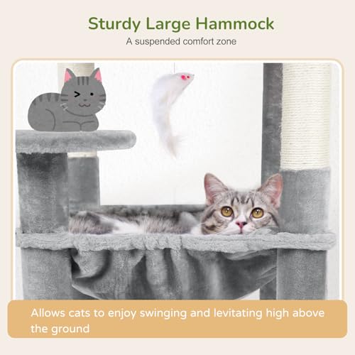 Globlazer Cat Tree Tower with Scratching Post for Indoor Cats, 53inch Tall Plush Multi-Level Cat Climbing Tower Condo House with Large Hammock