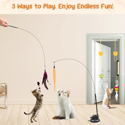 Depets Cat Wand Toy, 15 Pcs Interactive Cat Feather Toys for Indoor Self Play & Exercise, 2 Play Modes Kitten Teaser Wand, Reusable Suction Cup