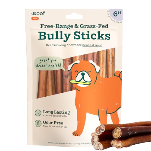 WOOF Bully Sticks Dog Treats - Chew Sticks for Dogs - Long-Lasting Dog Chew Treats - Made with Free-Range, Grass-Fed Beef - 6" Sticks - 10pk